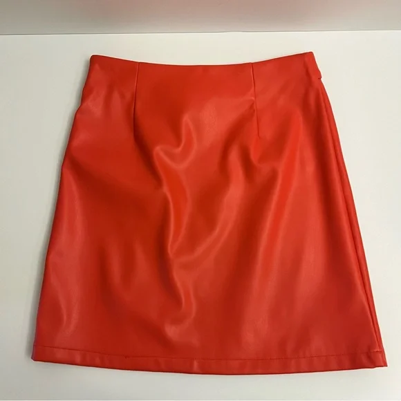 AKIRA Faux Leather Crossover Front Mini Skirt-Orange Red - Picture 2 of 9